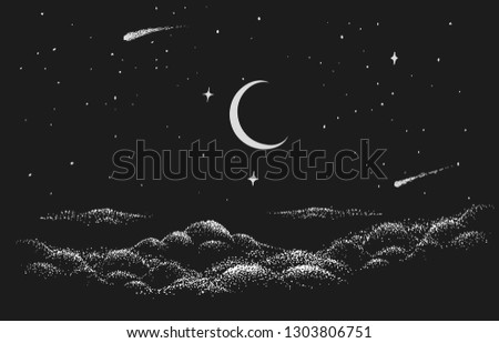 View to night sky with clouds,stars and Moon.