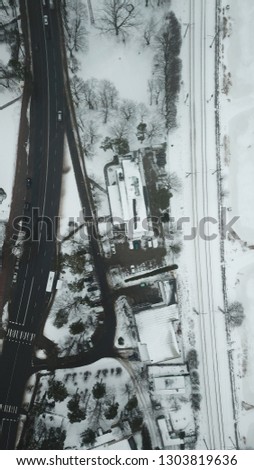 Riga architecture drone in snow latvia