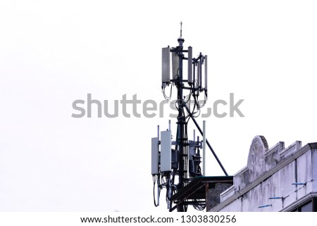 3G, 4G and 5G cellular. Base Station or Base Transceiver Station. Telecommunication tower. Wireless Communication Antenna Transmitter. Telecommunication tower with antennas and white background.