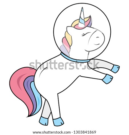 Adorable unicorn with beautiful colorful rainbow tail and astronaut helmet doing tricks - stand on his back. Cute little pony in galaxy theme for baby kids. Simple clip art for website design or print