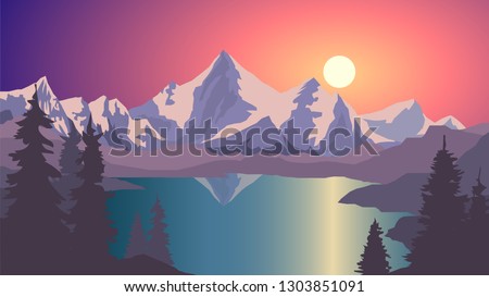 Vector landscape with mountains and lake, alps, sunset or sunrise