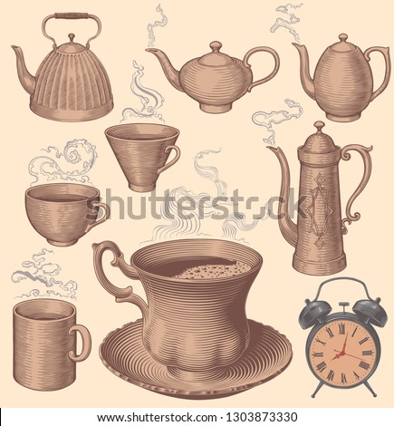 Morning coffee and tea. Design set. Hand drawn engraving. Editable vector vintage illustration. Isolated on light background. 8 EPS