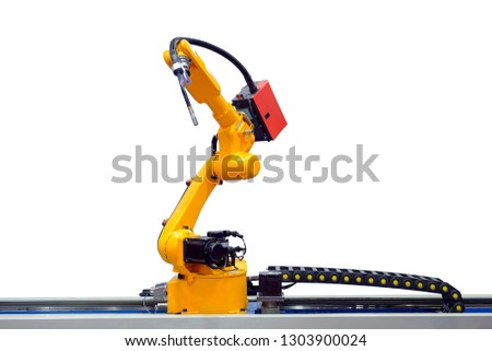 Industrial robotic welding that install carbon fiber chain and iron rail for moving to work with workpiece on smart factory, industry 4.0, isolated on white background 