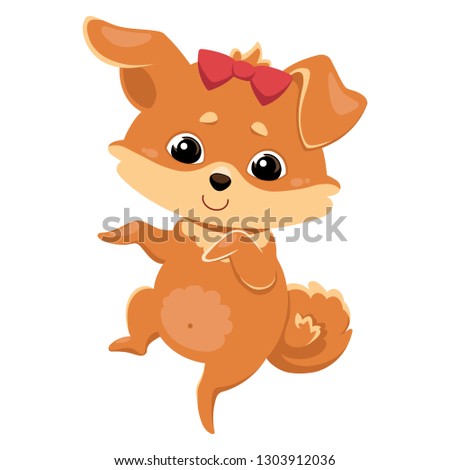 Red-haired dog with a red bow on his head rejoices and dances on his hind legs. Color image of a pet. Vector illustration for design, print on t-shirt, bag, notebook, card.