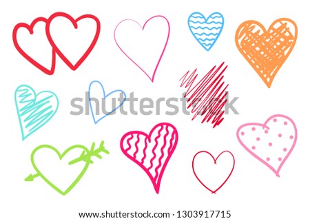 Multicolored trendy hearts on isolated white background. Hand drawn set of love signs. Unique abstract signs for design. Line art creation. Colored illustration. Elements for poster or flyer