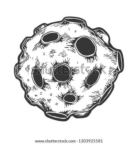 Asteroid meteorite planet with impact crater engraving vector illustration. Scratch board style imitation. Black and white hand drawn image.