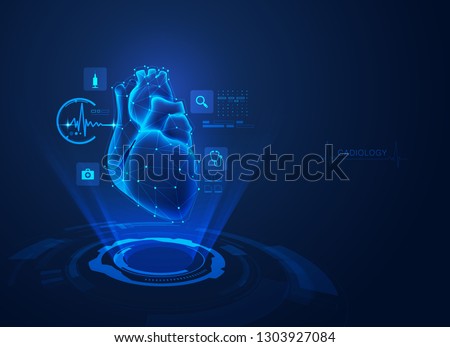concept of cardiology technology, realistic heart with medical health care hologram Royalty-Free Stock Photo #1303927084