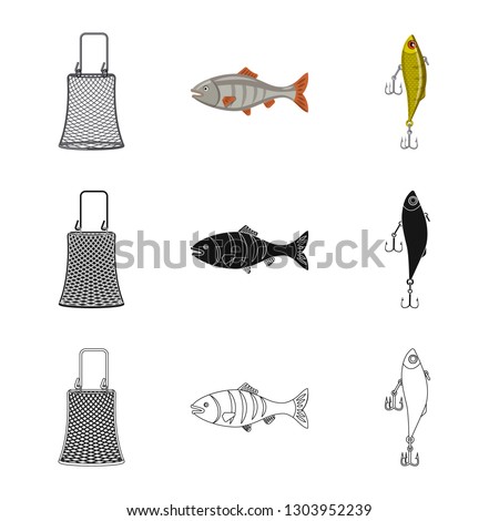 Vector illustration of fish and fishing symbol. Collection of fish and equipment stock symbol for web.