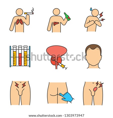 Men's health color icons set. Lungs, liver, prostate cancer, heart attack, lab analysis, prostate biopsy, hair loss, rectal exam, inguinal hernia. Isolated vector illustrations