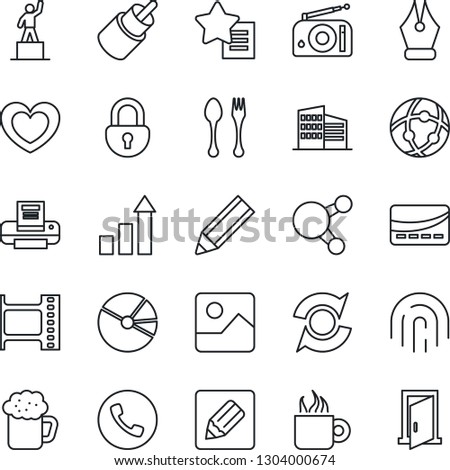 Thin Line Icon Set - spoon and fork vector, phone, growth statistic, pedestal, heart, film frame, radio, share, favorites list, rca, gallery, network, notes, lock, fingerprint id, update, pie graph