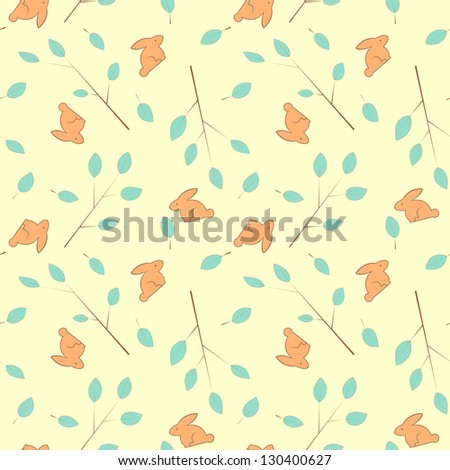 Vintage seamless texture with leafs and rabbits. In cold color. Raster version.