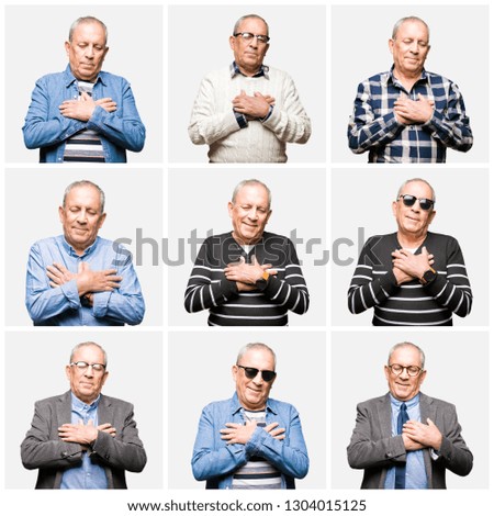 Collage of handsome senior man over white isolated background smiling with hands on chest with closed eyes and grateful gesture on face. Health concept.