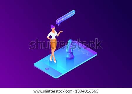 Isometric concept of voice message recording, woman talking, using phone, microphone, mobile device app, 3d vector illustration
