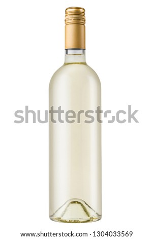 front view of white wine bottle with metallic bronze screw cap on white background Royalty-Free Stock Photo #1304033569