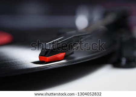 Hi fi turntable player. Turntables needle cartridge on vinyl record. Listen to the music in high fidelity with retro turn table device. Audiophile sound system