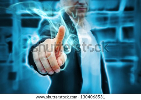 Businessman point finger which have effect smoke on the finger 