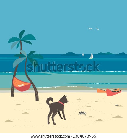Summer seaside landscape. Blue ocean scenic view. Hand drawn tropica island escape poster. Holiday vacation season sea travel leisure. Sea leisure relax. Vector tourist trip advertisement background