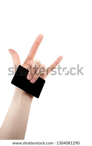 hand with rock and roll sign holding blank for card, Bank card, isolated on white background, copy space, mock up