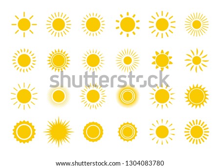 Sun icon set. Yellow sun star icons collection. Summer, sunlight, nature, sky. Vector illustration isolated on white background
