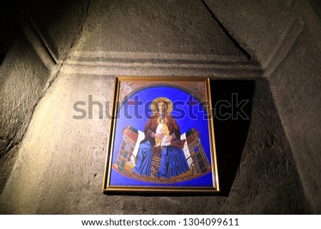 Icon of mary with jesus in church of Geghard monastery, Armenia