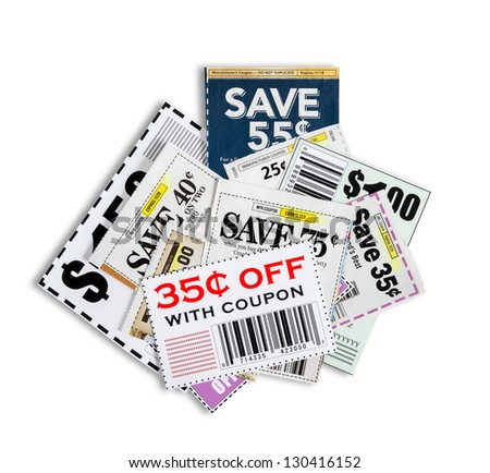Scattered Coupons/ Close Up/ Isolated On White Background Please note...all coupons showing are not real.  They are fictional. Royalty-Free Stock Photo #130416152