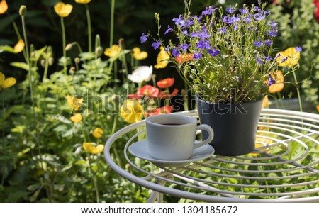Morning Cup of Tea or Coffee is on Colorful Blossom Garden Nature Background with Sunshine. Concept: Escape & Enjoy Spring Time. 