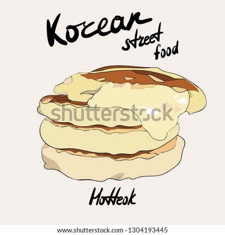 Korean street food dish hotteok. Korean traditional dish. Pancake with cheese. Vector hand drawn illustration.