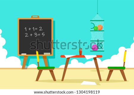 Children's room with clouds on the wall and a chalk board with a table and chairs in the foreground. Vector illustration