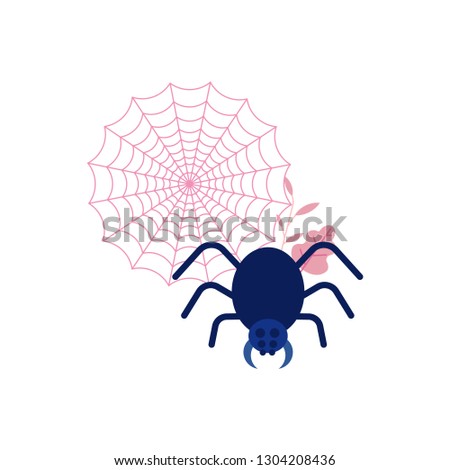Cartoon spooky balck spider in net. Halloween holiday symbol, trick or treat traditional autumn horror kids celebration. illustration