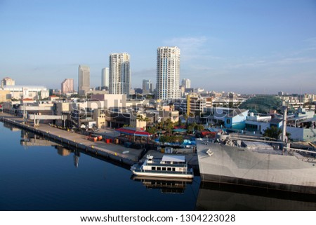 The morning view of Tampa city port and dowtown skyline ina background (Florida).