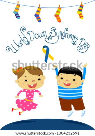 World Down Syndrome Day Concept Poster. Smiling and Jumping of Disabled Boy and Girl. Ribbon and Socks. White Background Isolated