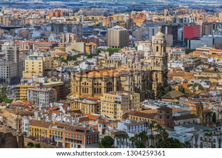Beautiful aerial view on the Malaga center with cathedral  on a sunny day. Malaga, Costa del Sol, Andalusia, Spain.