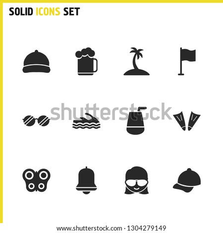 Seasonal icons set with sand with tree, water bike, spectacles elements. Set of seasonal icons and diver shoe concept. Editable vector elements for logo app UI design.