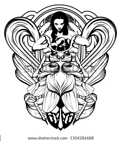 Vector hand drawn illustration of beetle with witch isolated. Surrealistic tattoo artwork. Template for card, poster. banner, print for t-shirt, pin, badge, patch.