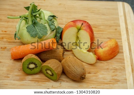 vegetables and fruits on wooden table. 