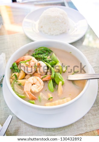 Coconut milk soup with Shrimp and Vetgetables Royalty-Free Stock Photo #130432892