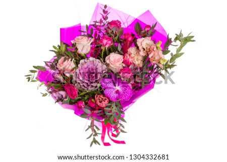 Bright buketny composition from fresh flowers, the white background