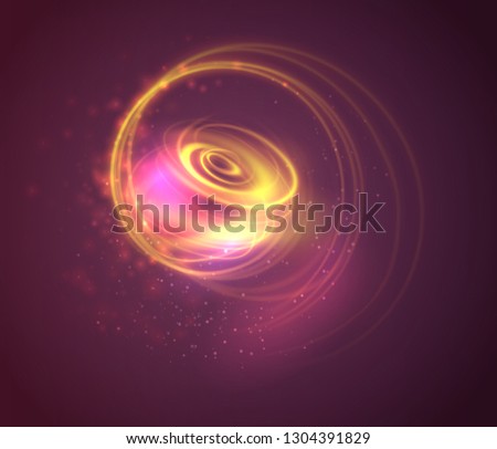 Light effect line gold vector circle. Glowing light fire ring trace. Glitter magic sparkle swirl trail effect on dark background. 