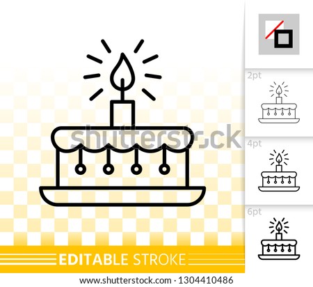 Birthday cake with candle thin line icon. Outline sign of sweet dessert. Linear pictogram with different stroke width. Simple vector symbol, transparent background. Editable stroke icon without fill