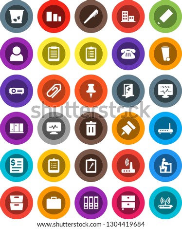 White Solid Icon Set- trash bin vector, shining window, pencil, student, pen, clipboard, paper pin, archive, case, binder, receipt, sorting, classic phone, thumbtack, diagnostic monitor, router