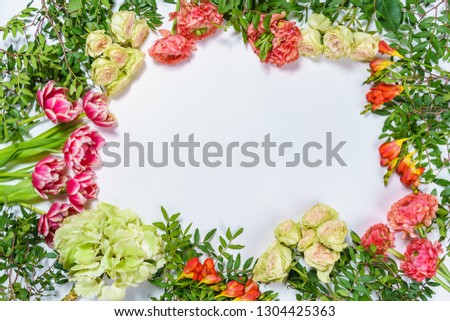 Froral pattern on white table background top view mockup