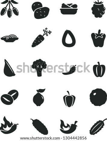 Solid Black Vector Icon Set - stick of sausage vector, slices onion, lettuce in a plate, cabbage, cucumber, chili, peper, garlic, coffee beans, quince, blackberry, goji berry, Bell pepper, ripe, red