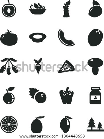 Solid Black Vector Icon Set - piece of pizza vector, mushroom, a plate fruit, milk, tomato, peper, jar jam, blueberries, blueberry, slice melon, mango, loquat, goji berry, half cherry, yellow lemon