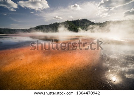 Grand Prismatic spring in Yellowstone National Park taken from the ground level with a lot of mist above during sunny summer day.