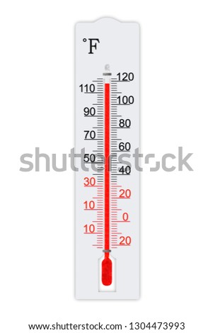 Fahrenheit scale measurement system. Thermometer for measuring air temperature isolated on white background. Air temperature plus 118 degrees fahrenheit