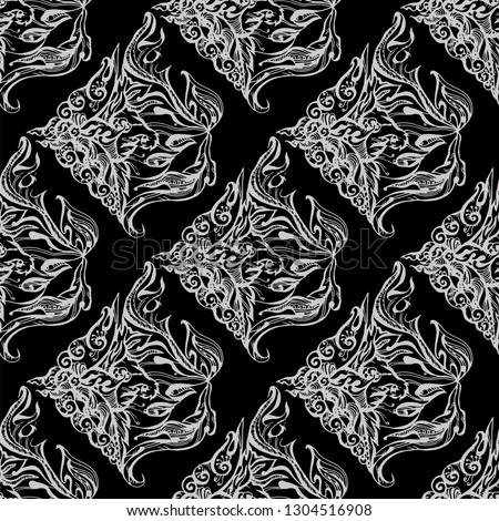 seamless floral pattern. White vector illustration on black background. vector
