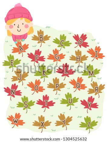 Illustration of a Kid Girl Looking Up and the Alphabet Written on Autumn Leaves