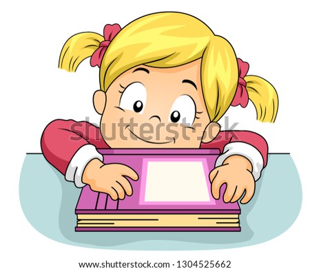 Illustration of a Kid Girl Holding a Book on a Table or Desk in the Library
