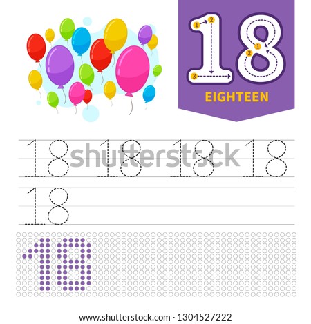 Kids learning material. Card for learning numbers. Number 18. Cartoon 
air balloons.