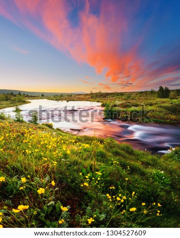 Amazing view of river in morning light. Location place Geyser Park, Hvita river, Haukadalur valley area, Iceland, Europe. Scenic image of beautiful nature landscape. Discover the beauty of earth.